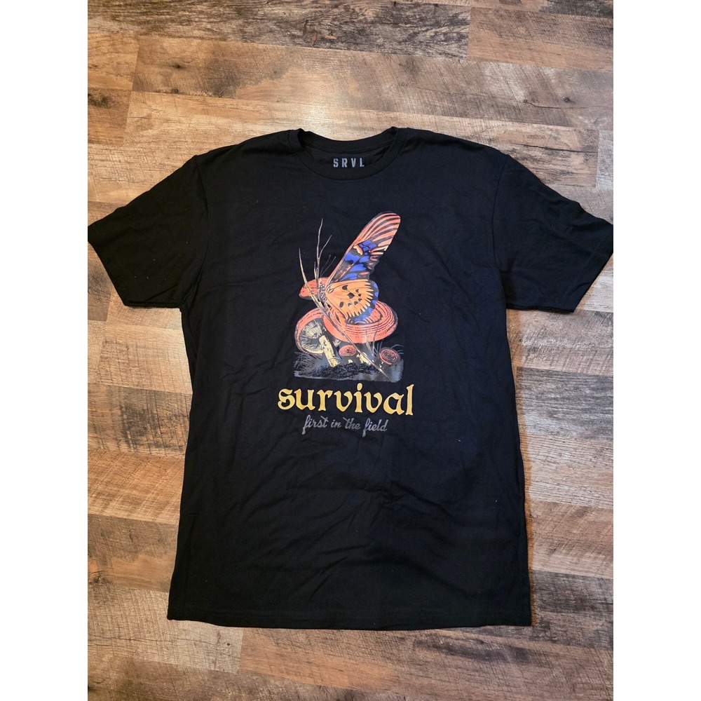 SRVL Survival First In The Field Butterfly Mushroom Black Graphic T-Shirt‎ Large